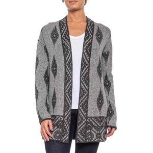 Lucky Brand Aztec Print Cardigan Open Sz Large Gray Black Long Line Tribal Wool